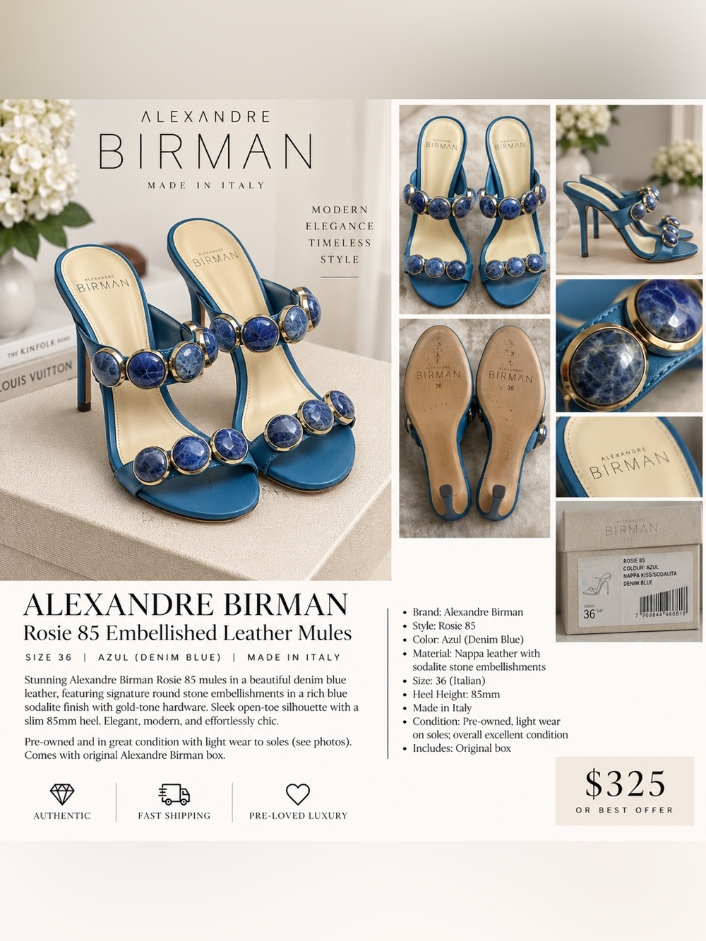 Alexandre Birman Denim Blue Rosie 85 Embellished Leather Mules